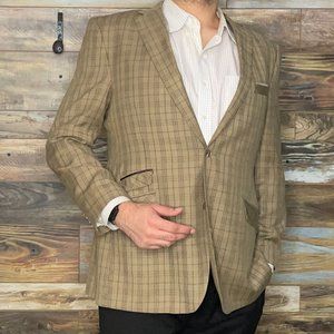 Handmade Statement Italy Super 150's Wool Beige Plaid Blazer Sport Jacket 48L